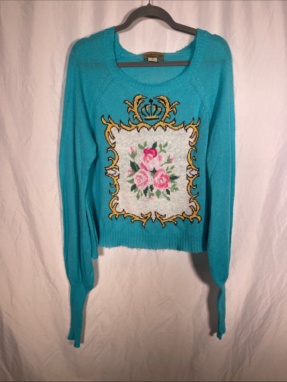 WILDFOX WHITE LABEL WOMENS BLUE SLOUCHY SWEATER FLORAL SMALL WOOL BLEND